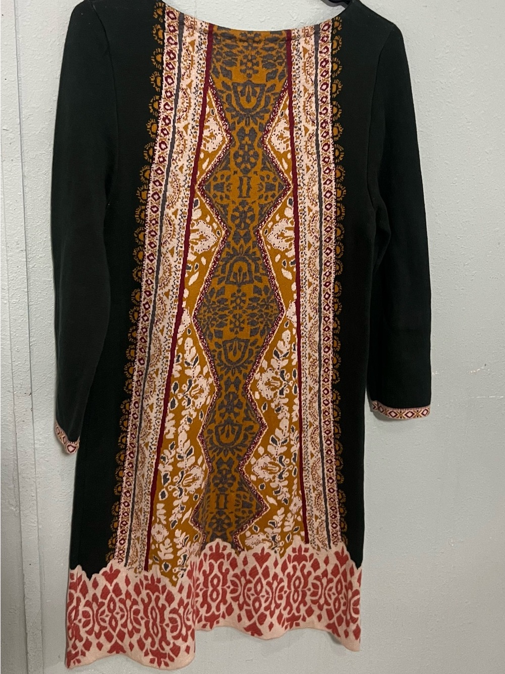 Anthropologie Black Long-Sleeve Dress with Mustard and Rust Front Panel